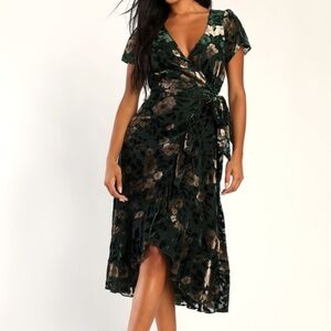 Chic Status Emerald Green Floral Velvet Burnout Wrap Midi Dress